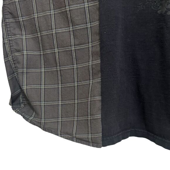 Reworked Upcycled Two Tone Dark Ireland Pub Gray Plaid Long Sleeved Shirt Top - Picture 4 of 4